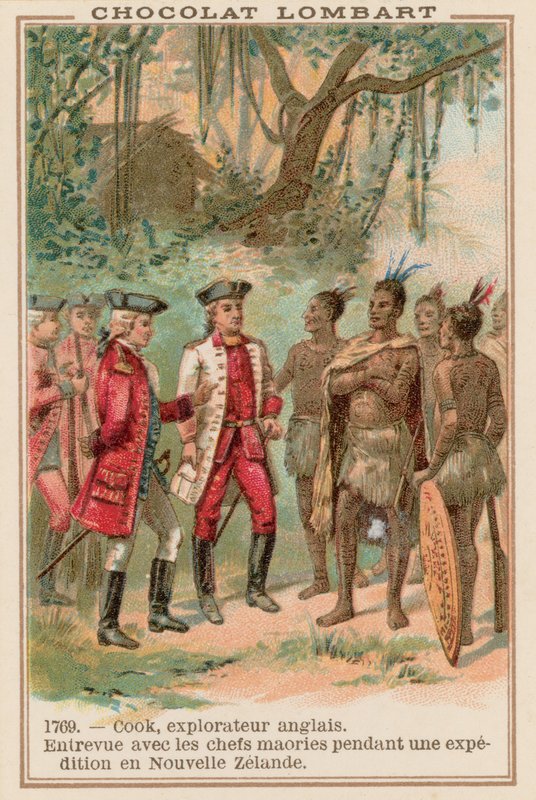 Capitão James Cook se reunindo com chefes maori na Nova Zelândia, 1769 de French School