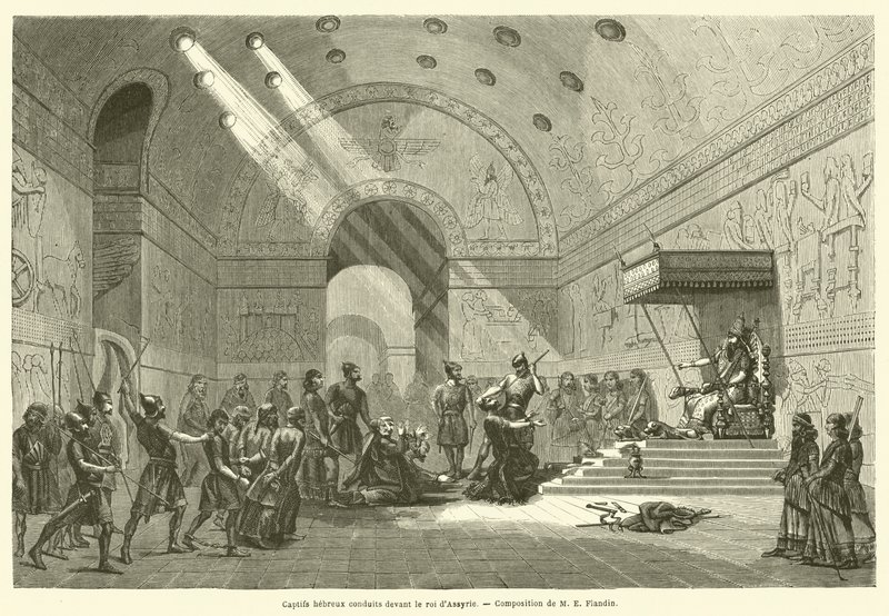Hebreus cativos liderados perante o rei da Assíria (gravura) de French School