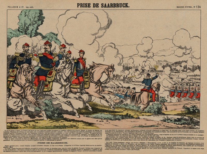 Captura de Saarbrucken pelos franceses, Guerra Franco-prussiana, 2 de Agosto de 1870 (gravura a cores) de French School