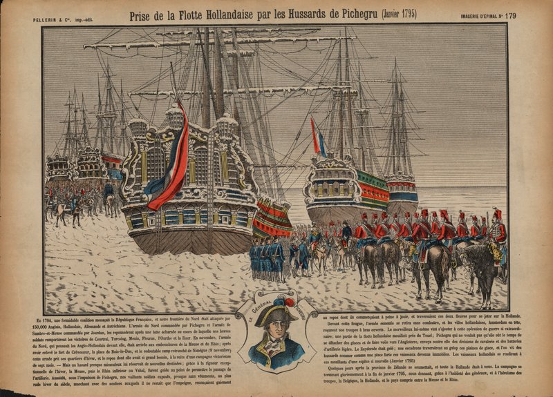 Captura da frota holandesa no Ijsselmeer congelado por hussardos franceses comandados pelo General Pichegru, janeiro de 1795 (gravura colorida) de French School