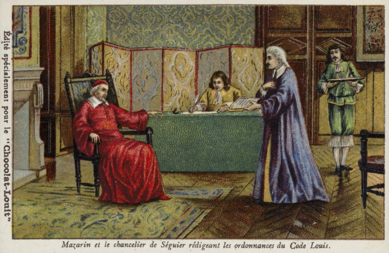 O cardeal Mazarin e o chanceler Seguier elaboram as ordenanças do Código Louis de French School