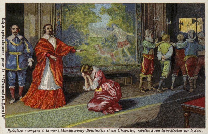 Cardeal Richelieu envia Francois de Montmorency-Bouteville e o conde de Chapelles para ser executado por desafiar sua proibição de duelo, 1627 de French School