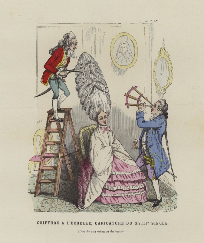 Caricatura em penteados femininos franceses do século XVIII de French School
