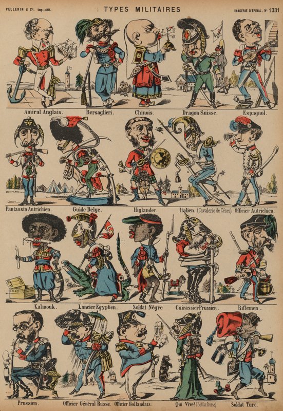 Caricaturas de figuras militares (gravura a cores) de French School