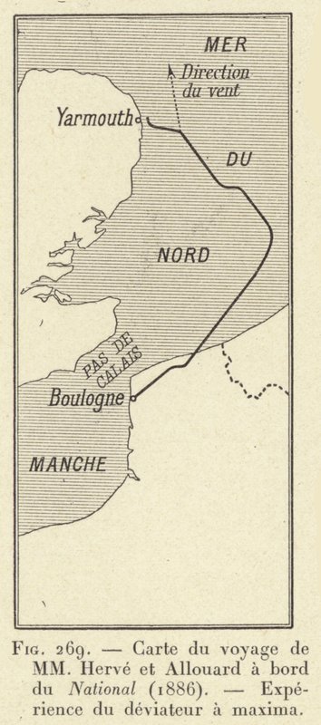 Mapa da viagem de MM Herve e Allouard a bordo do Nacional (1886), Experiência do navegador no maxima (gravura) de French School