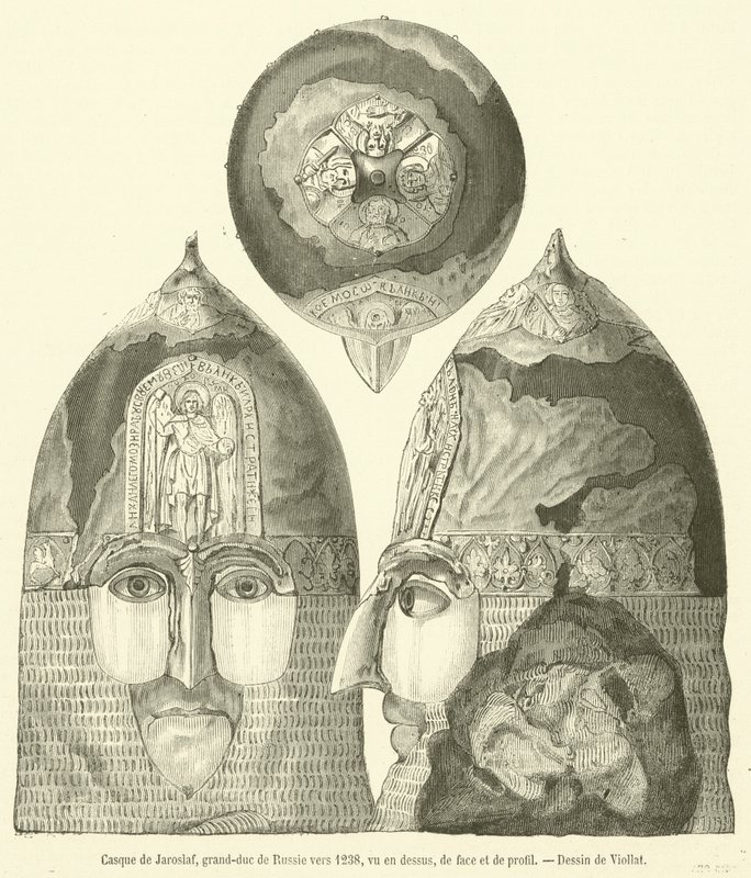 Capacete de Jaroslaf, Grã-Duque da Rússia, cerca de 1238, visto de cima, frente e lado (gravura) de French School