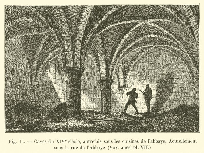Cavernas do século 14, antigamente sob as cozinhas de labbaye, Atualmente sob a rua da Abadia, veja também pl VII de French School