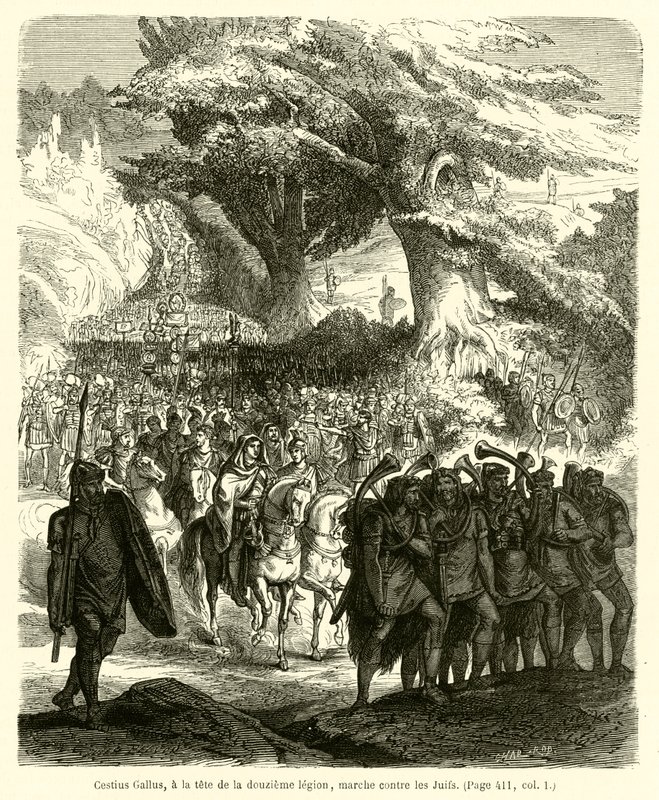 Cestius Gallus, à frente da décima segunda legião, marcha contra os judeus (gravura) de French School
