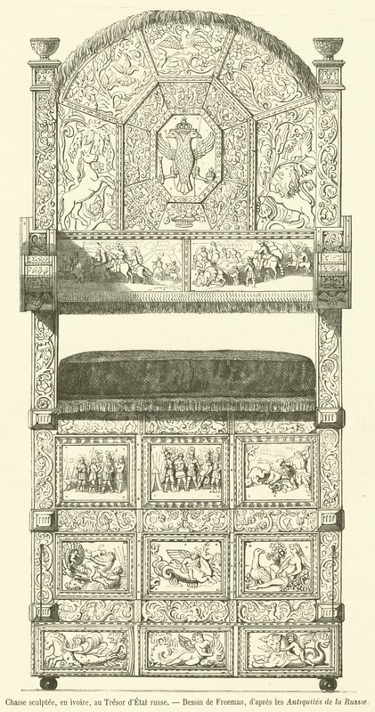 Cadeira de marfim esculpida pelo Tesouro do Estado Russo (gravura) de French School