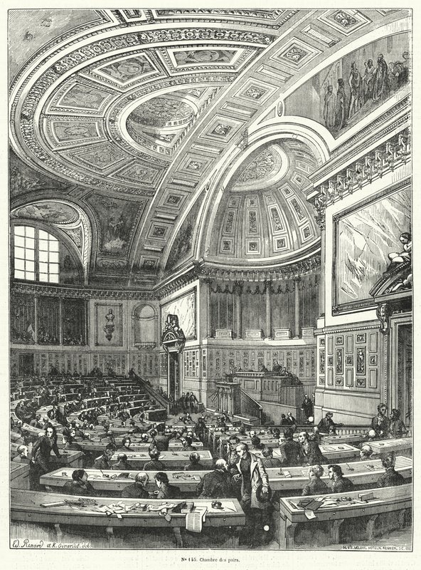 Chambre des Pairs (Câmara dos Pares), Câmara Alta do Parlamento Francês desde 1814 até a sua abolição após a Revolução de 1848 (gravura) de French School