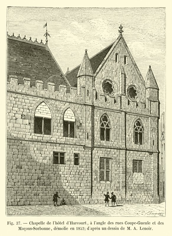 Capela do hotel de Harcourt, uma esquina da rua Coupe-Gueule e Macons-Sorbonne, demolida em 1852; de um desenho de MA Lenoir de French School