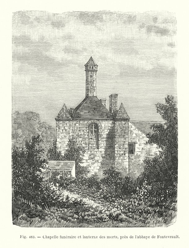 Capela funerária e lanterna dos mortos, perto da abadia de Fontevrault (gravura) de French School