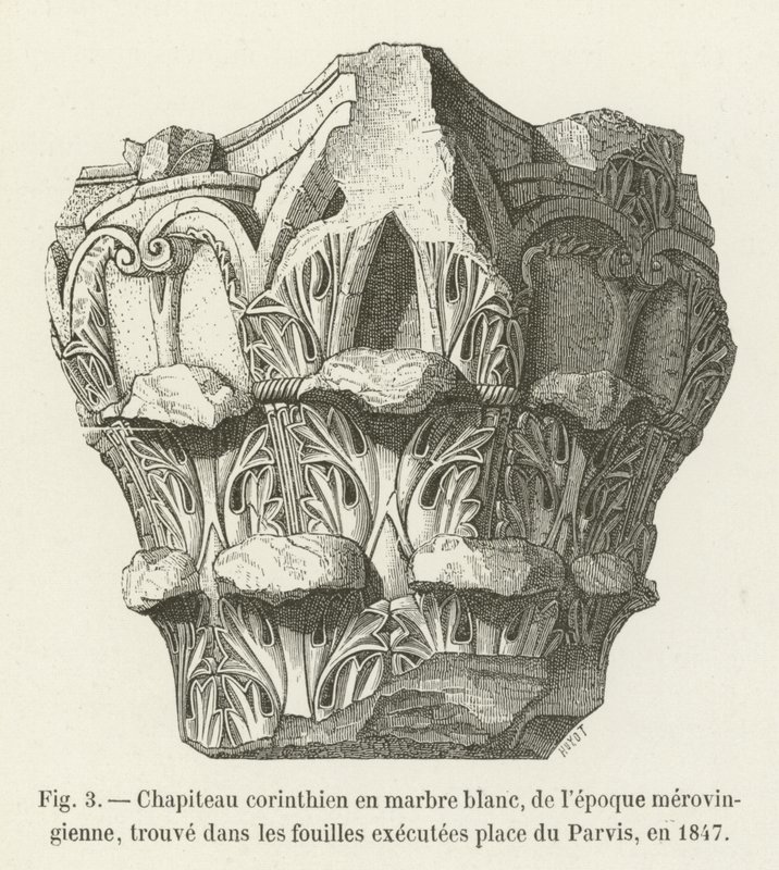 Capital coríntia em mármore branco, do período merovíngio, encontrado nas escavações realizadas Place du Parvis, em 1847 de French School