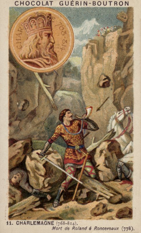 Carlos Magno e a morte de Roland em Ronceveaux, 778 (chromolitho) de French School