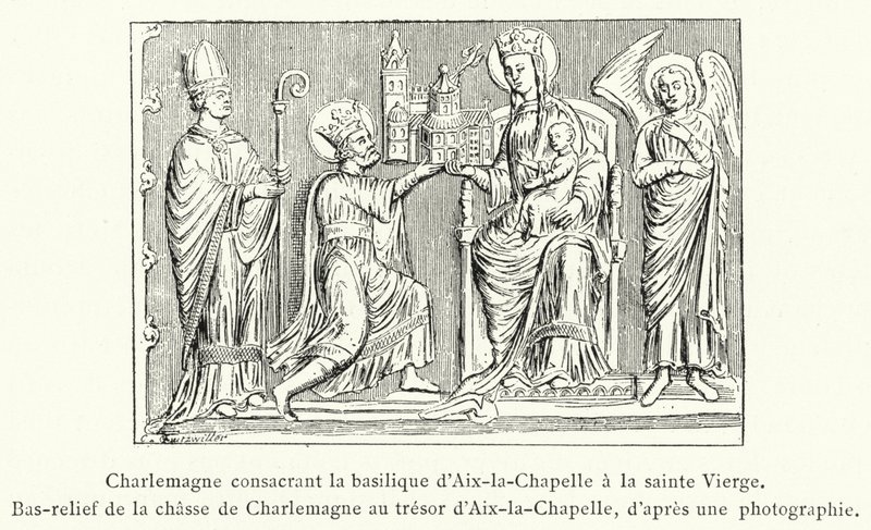 Carlos Magno consagrando a basílica de Aachen à Virgem Santa, Bas-relevo da caça de Carlos Magno ao tesouro de Aachen (gravura) de French School