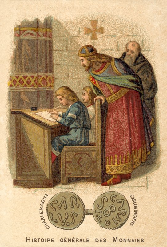 Carlos Magno observando crianças escrevendo na escola (chromolitho) de French School