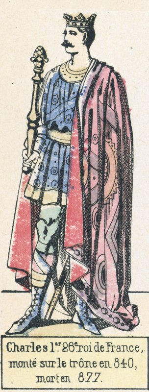 Carlos I, 26º rei da França, ascendeu ao trono em 840, morreu em 877 (gravura colorida) de French School