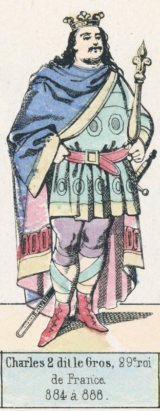 Carlos 2 o Gordo, 29º rei da França, 884 a 888 (gravura colorida) de French School