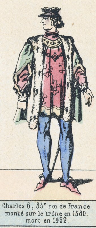 Carlos 6, 53º rei de França, ascendeu ao trono em 1380, morreu em 1422 (gravura colorida) de French School