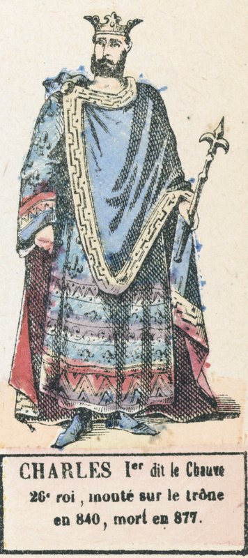 Carlos I o Careca, 26º rei, subiu ao trono em 840, morreu em 877 (gravura colorida) de French School