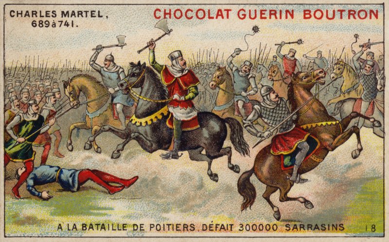 Charles Martel derrotando um exército de 300.000 sarracenos na Batalha de Poitiers, 732 (chromolitho) de French School