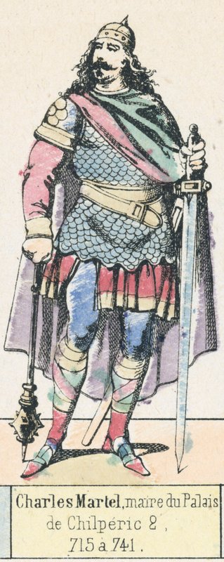 Charles Martel, prefeito do Palácio, de Chilperic 2, 715 a 741 (gravura colorida) de French School