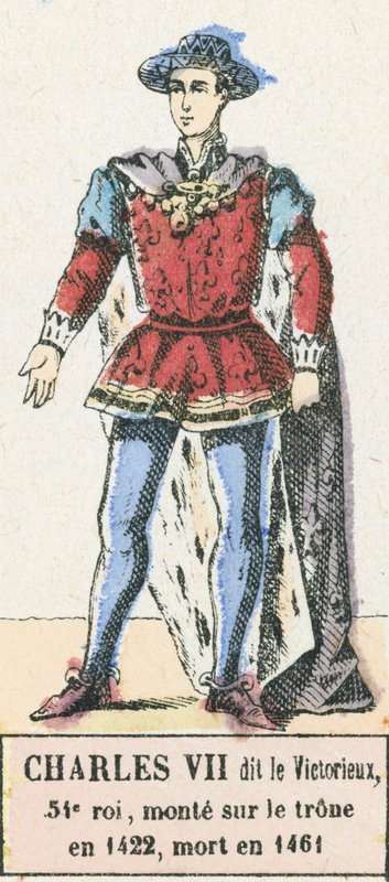 Carlos VII o Vitorioso, 54º rei, subiu ao trono em 1422, morreu em 1461 (gravura colorida) de French School