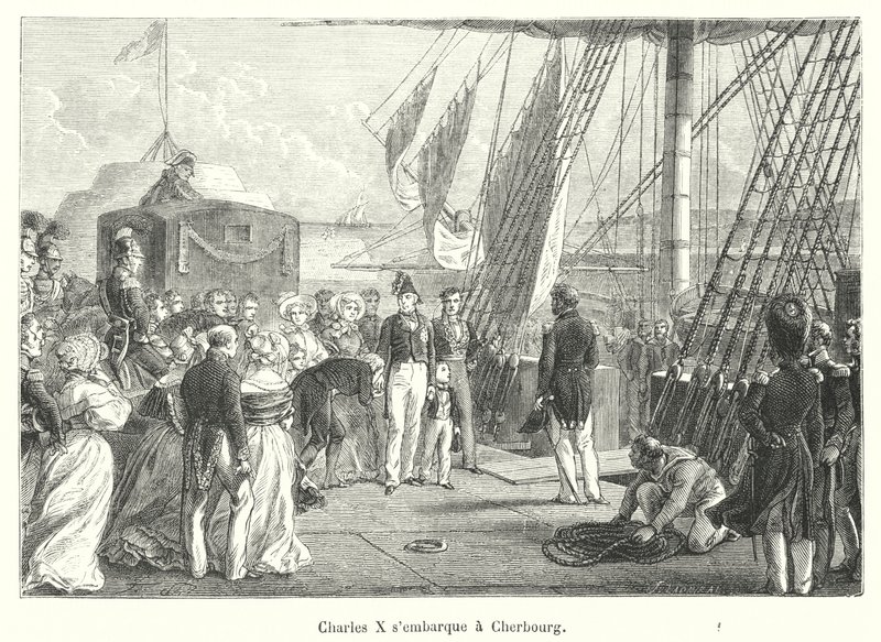 Charles X embarca em Cherbourg (gravura) de French School