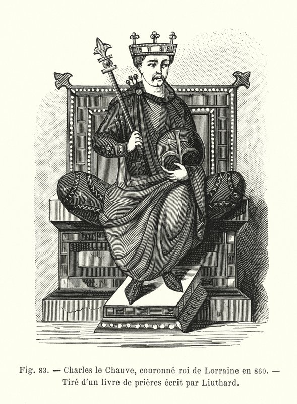 Carlos o Careca, coroado rei de Lorena em 860, a partir de um livro de orações escrito por Liuthard (gravura) de French School