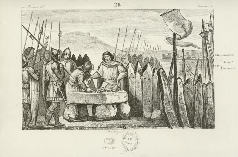 Carlos, o Gordo, paga aos vikings 700 peças de prata para abandonar o cerco de Paris, 886 de French School