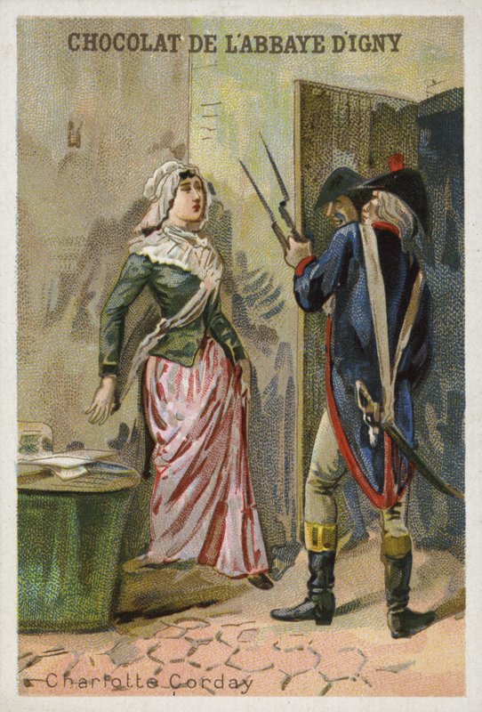 Charlotte Corday, assassina do líder jacobino revolucionário francês Jean-Paul Marat de French School