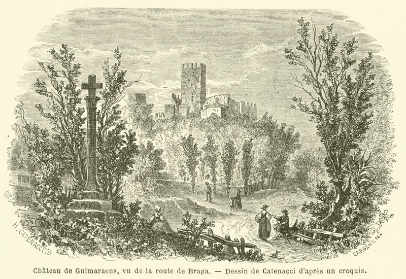Castelo de Guimaraens, visto da estrada para Braga (gravura) de French School