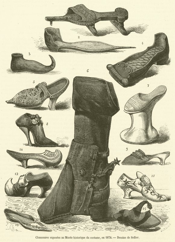 Sapatos expostos no Musee historique du costume, em 1874 (gravura) de French School
