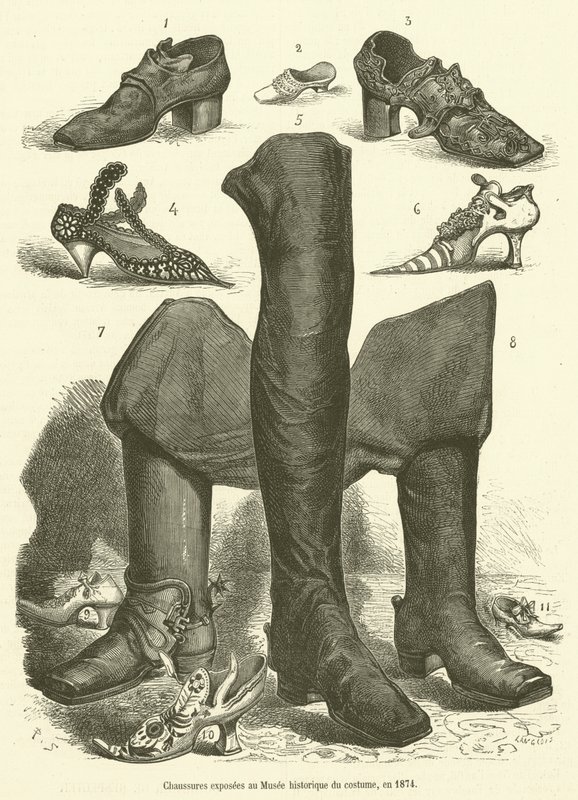 Sapatos expostos no Musee historique du costume, em 1874 (gravura) de French School