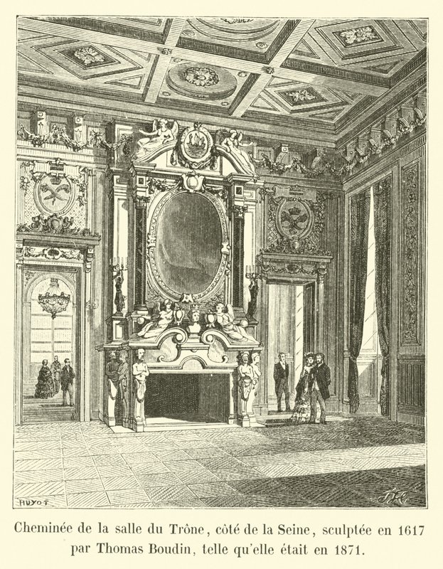 Cheminée da Sala do Trono, lado do Sena, esculpida em 1617 por Thomas Boudin, como era em 1871 de French School