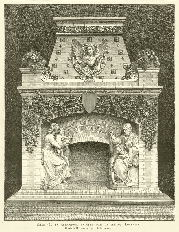 Lareira cerâmica exposta por Loebnitz, desenho de M Sedille, figura de M Aller (gravura) de French School