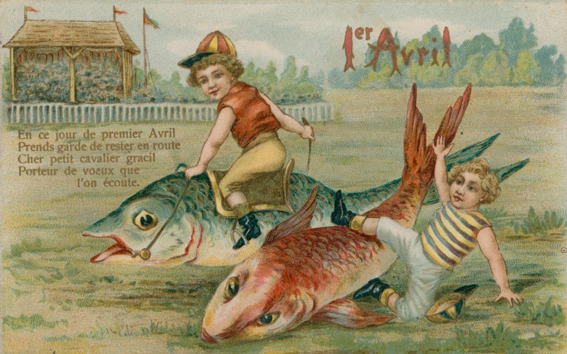 Criança jóqueis corrida de peixe, 1 de abril de cartão, 1913 de French School
