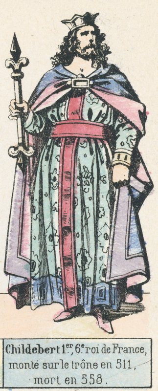 Childebert I, 6º rei da França, ascendeu ao trono em 511, morreu em 558 (gravura colorida) de French School