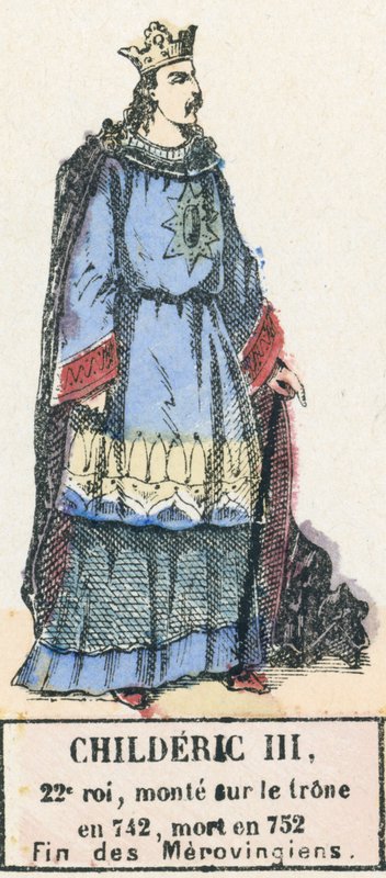 Childeric III, 22º rei, ascendeu ao trono em 742, morreu em 752, Fim dos Merovíngios (gravura colorida) de French School