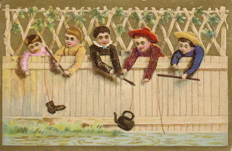 Crianças, pesca, com, sapato, e, chaleira de French School