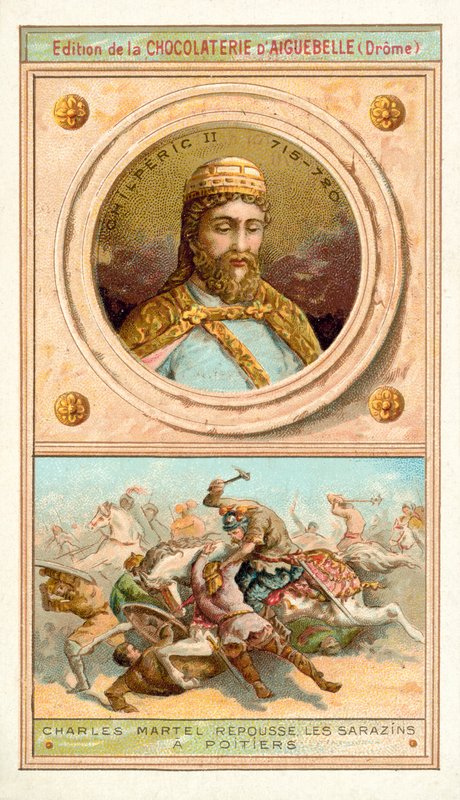 Chilperic II, e Charles Martel derrotando os mouros em Poitiers, 732 (chromolitho) de French School
