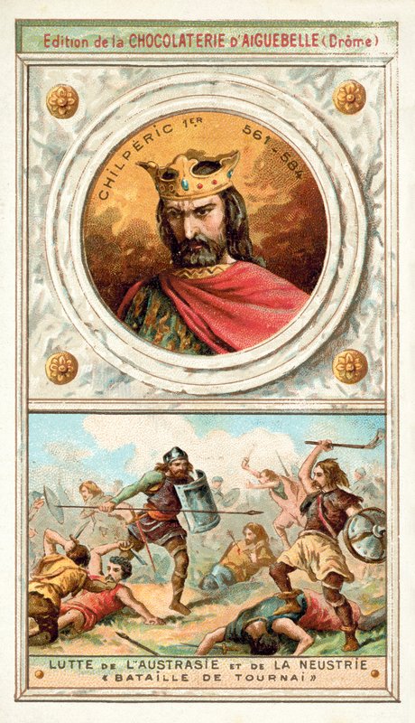 Chilperic I e a luta entre a Austrália e a Neustria na Batalha de Tournai, Século VI (chromolitho) de French School