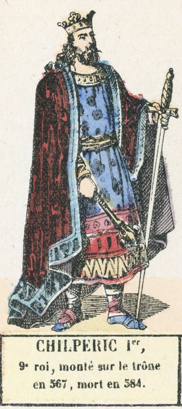 Chilperic I, 9º rei, subiu ao trono em 567, morreu em 584 (gravura colorida) de French School
