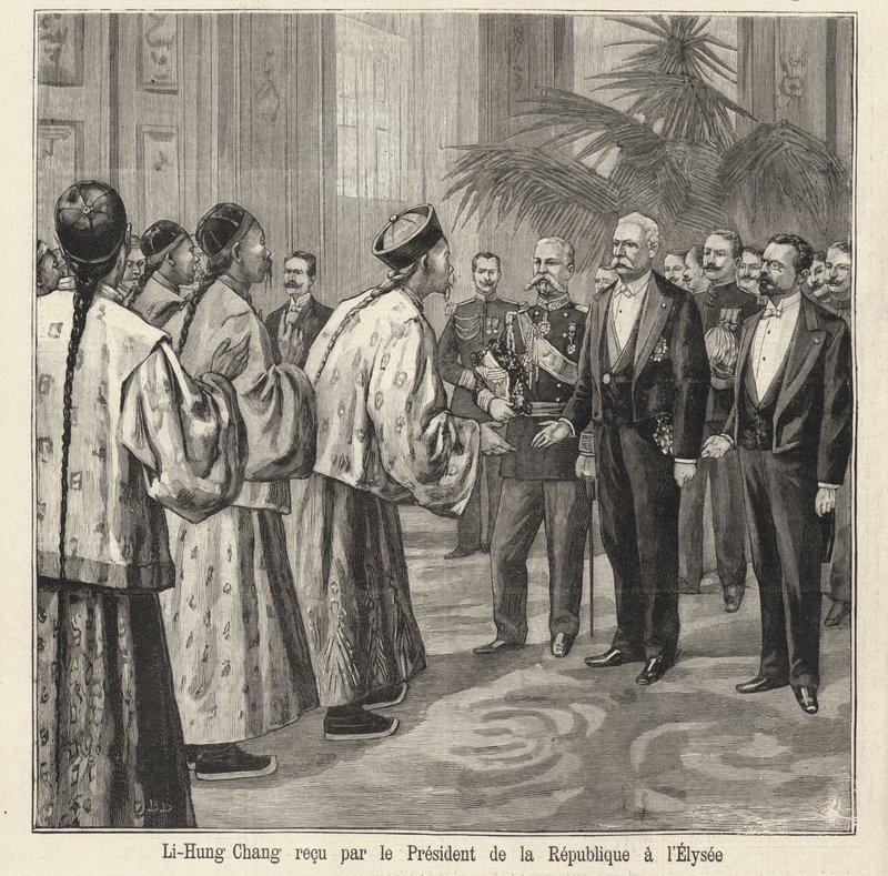 O político e diplomata chinês Li Hongzhang recebido pelo presidente francês Felix Faure no Palácio Elysee, em Paris de French School