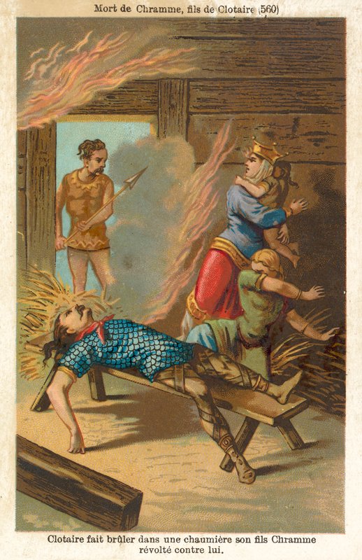 Clothar I, Rei dos Francos, queimando até a morte seu filho rebelde Chram e sua família, 560 (chromolitho) de French School