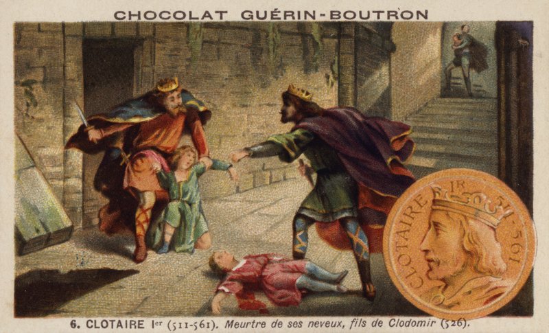 Clothar I e o assassinato de seus sobrinhos, os filhos do rei Clodomir, 526 (chromolitho) de French School