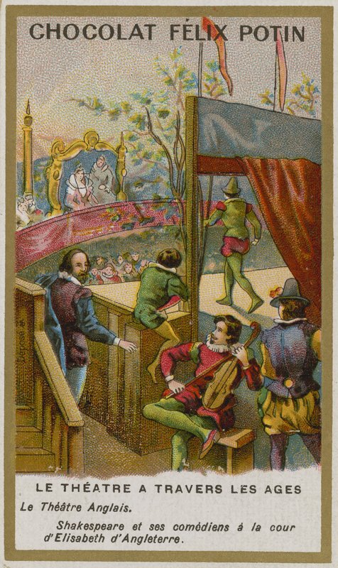 Cartão de comércio de Chocolat Felix Potin, teatro através das idades de French School