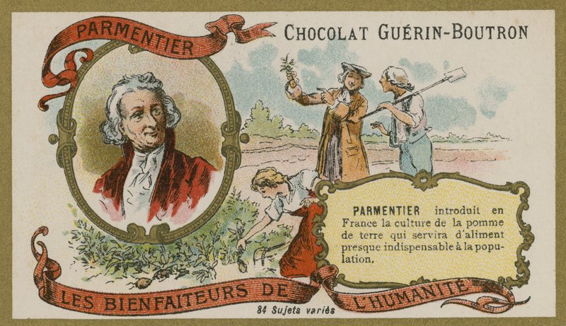 Cartão de comércio de chocolate Guerin-Boutron, Antoine-Augustin Parmentier de French School