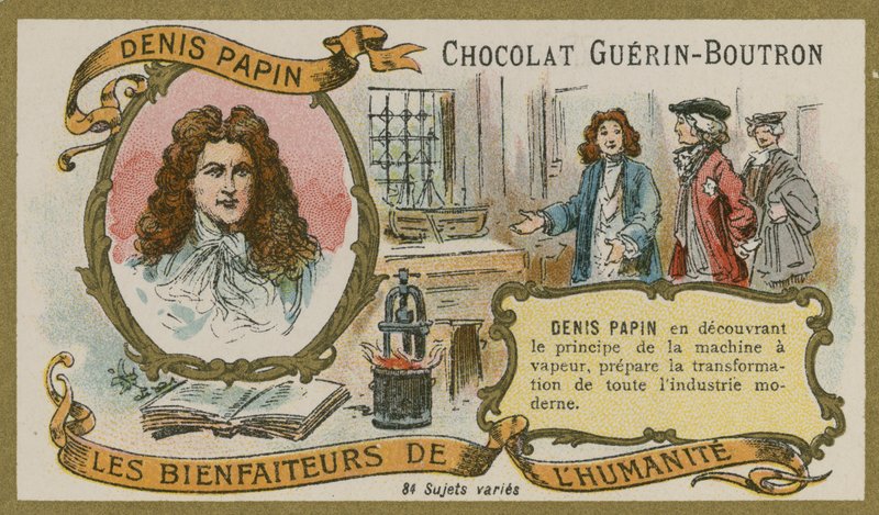 Cartão de comércio de chocolate Guerin-Boutron, Denis Papin de French School