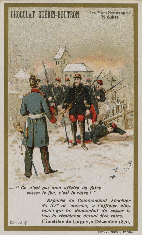 Cartão de comércio de Chocolat Guerin-Boutron, série Historic Words (chromolitho) de French School
